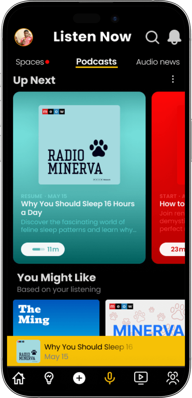 Screenshot of Ripple app showing the listen now tab.
